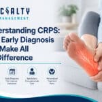 A person holds their bare foot, highlighted in red to indicate CRPS pain. Text reads: Understanding CRPS in Macomb County: Why Early Diagnosis Can Make All the Difference, with icons and benefits listed below.
