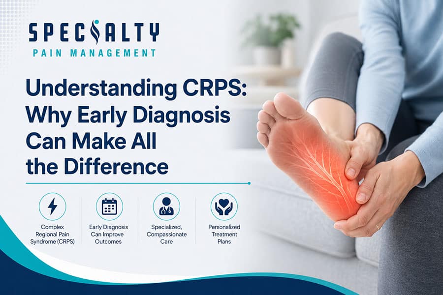 A person holds their bare foot, highlighted in red to indicate CRPS pain. Text reads: Understanding CRPS in Macomb County: Why Early Diagnosis Can Make All the Difference, with icons and benefits listed below.