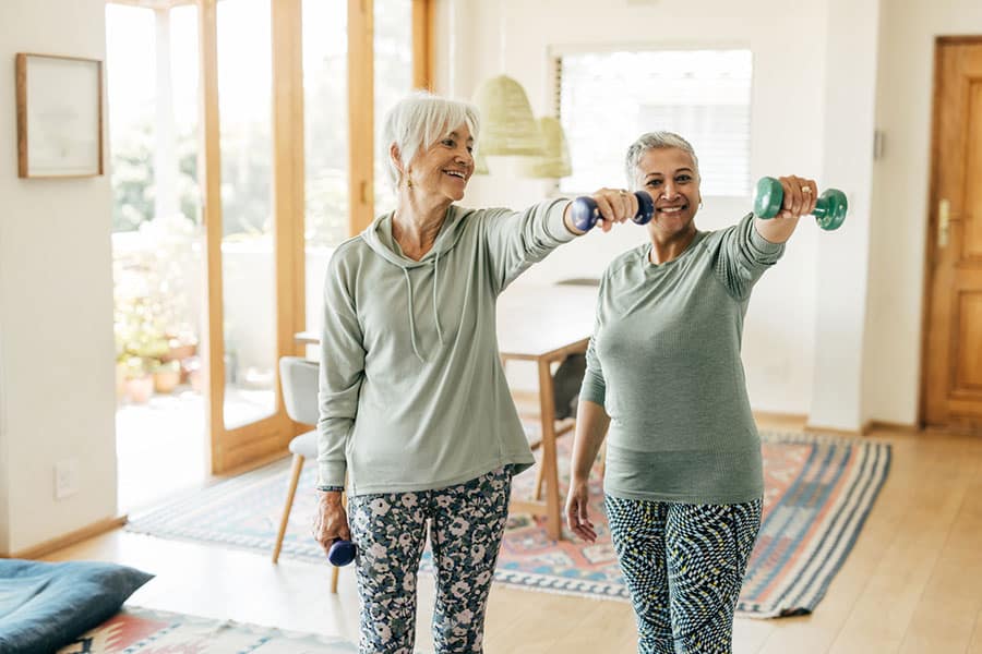Two older women in comfortable workout clothes lift small dumbbells and smile while improving mobility together in a bright, cozy living room with wooden floors and large windows.