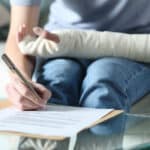 Woman signing document with broken arm